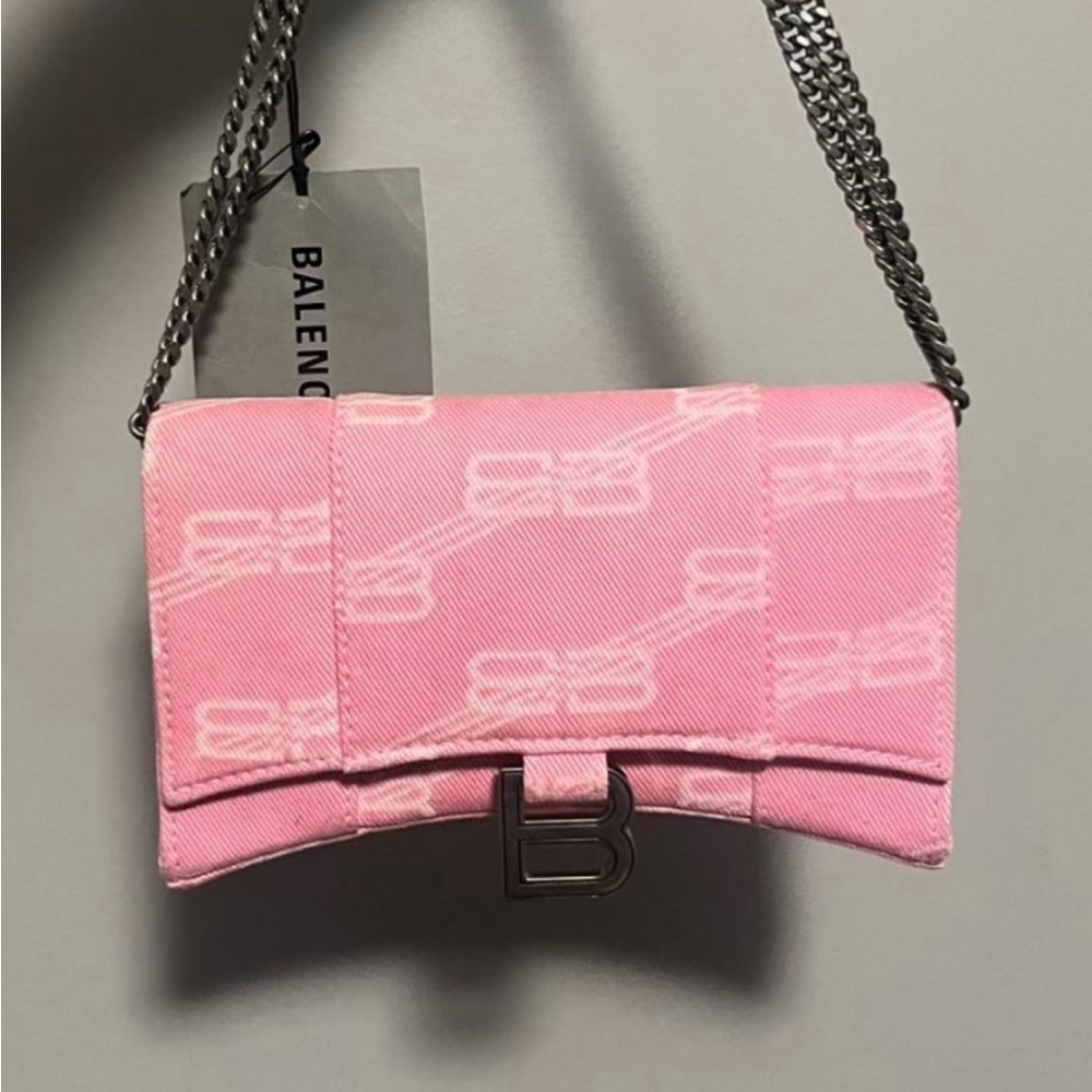 Balenciaga Denim XS Hourglass Wallet On Chain Pink